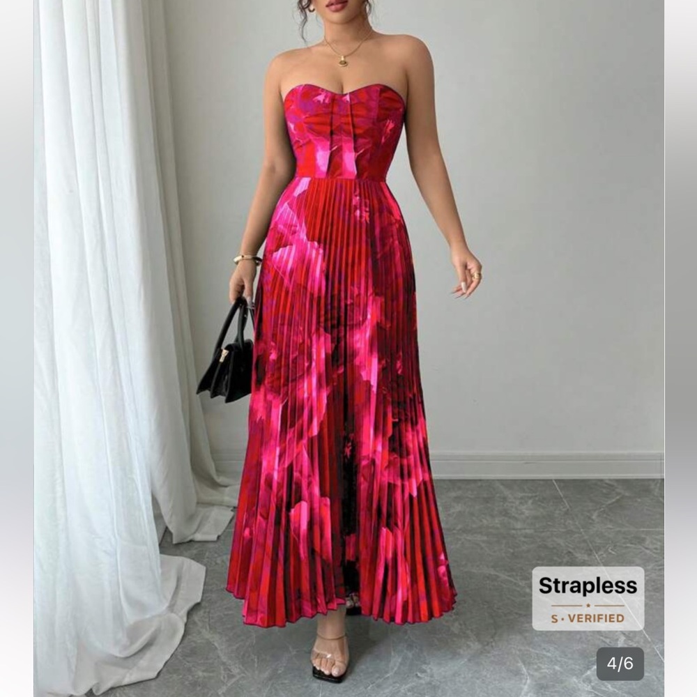 GORGEOUS Strapless Shirred Waist Allover Print Dress